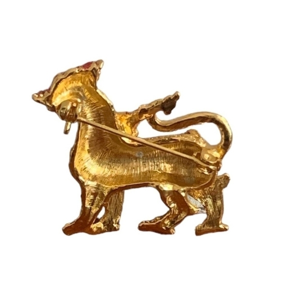 VNTG Singha Lion Rhinestones Brooch Gold Tone Foo Dog Pin Brooch Costume Jewelry - Picture 3 of 3